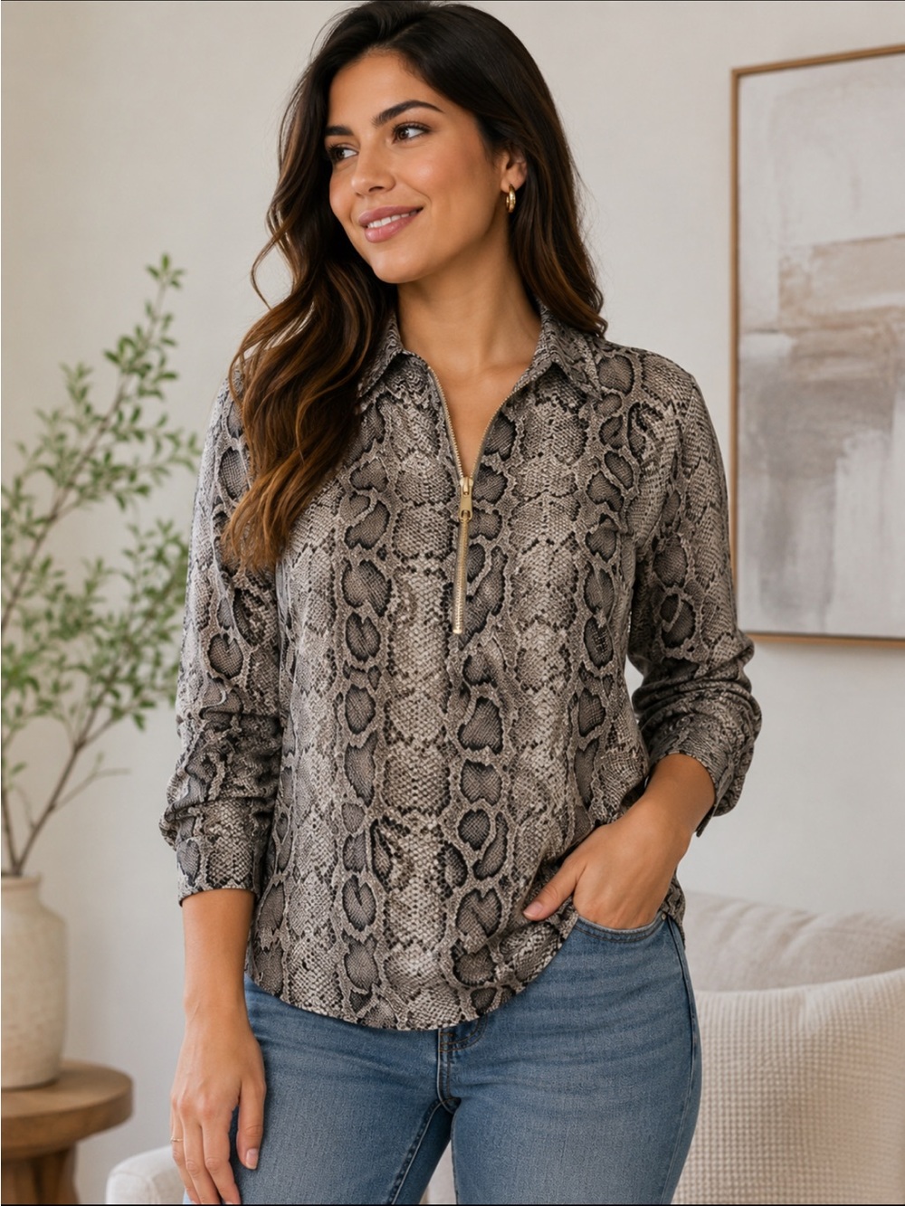Michael Kors Taupe and Black Python-Print Zip Blouse # 241
